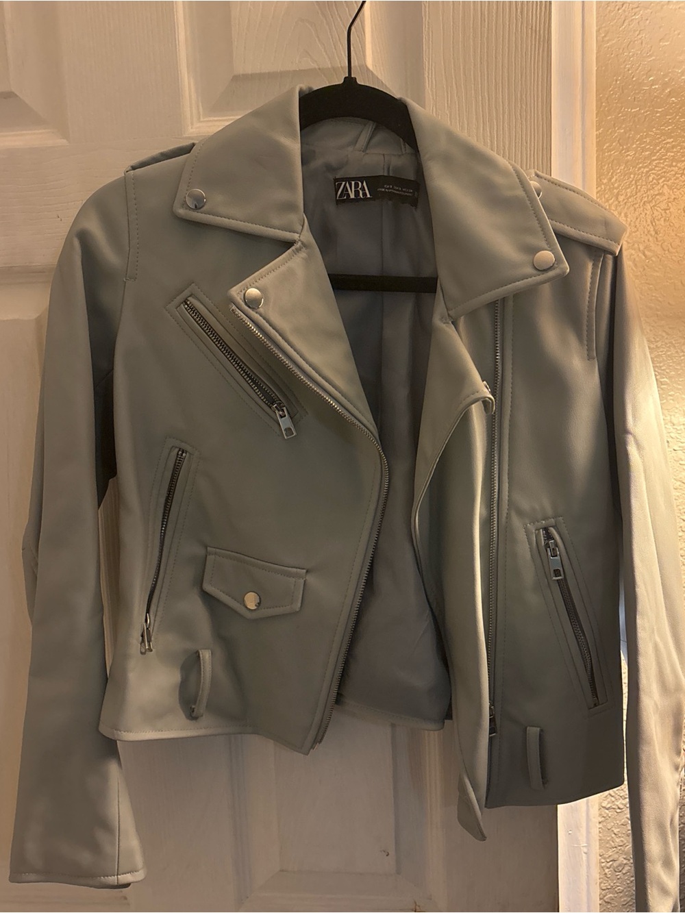 Zara Light blue Faux Leather Moto Jacket with Zip Details